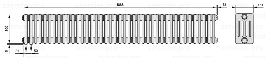 Схема (чертеж) Радиатор Zehnder Charleston 5030/41 №3370 Белый глянцевый RAL 9016